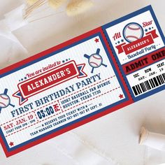 two baseball ticket style birthday party cards with red, white and blue stripes on them