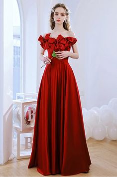 Red Full Length Maxi Dress For Banquet, Red Maxi Dress For Banquets, Red Ruffled Gown For Banquet, Red Maxi Dress For Spring Banquet, Red Satin Prom Dress, Red Satin Gown, Red Satin Dress, Floral Prom Dresses, Formal Evening Dress