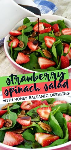 strawberry spinach salad with honey balsamic dressing in a pink bowl on a table