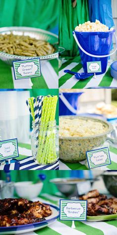 a table topped with lots of food covered in blue and green paper plates filled with food