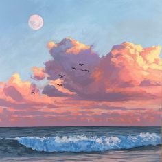 a painting of birds flying over the ocean at sunset with a full moon in the sky