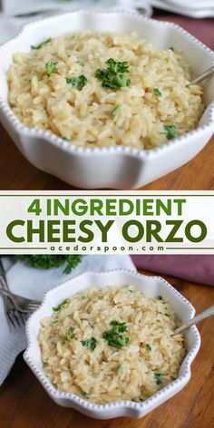 two bowls filled with cheesey orzo rice on top of a wooden table