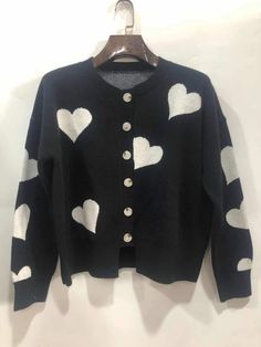 Women's Sweater Love Heart Pattern Single Breasted Knit Cardigan Sweater Casual Heart Print Sweater For Winter, Casual Winter Sweater With Heart Print, Cute Heart Print Winter Sweater, Winter Heart Print Tops, Cute Long Sleeve Valentine's Day Sweater, Cute Winter Sweater With Heart Print, Trendy Heart Print Sweater For Winter, Cute Long Sleeve Sweater For Valentine's Day, Valentine's Day Long Sleeve Sweater With Heart Graphic