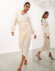 ASOS EDITION drape detail midi shirt dress in seashell | ASOS Chic Draped Midi Dress For Brunch, Draped Spring Workwear Dresses, Spring Draped Workwear Dresses, Draped Dresses For Spring Workwear, Spring Workwear Draped Dresses, Feminine Midi Shirt Dress For Brunch, Elegant Midi Dress With Asymmetrical Hem For Day Out, Summer Draped Midi Dress For Workwear, Summer Workwear Draped Midi Dress