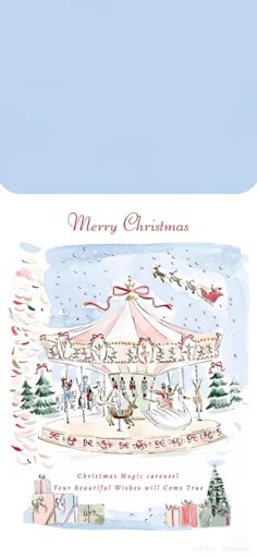 a merry christmas card with an image of a carousel in the snow and people on it