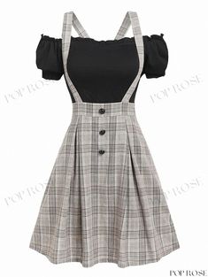 Waist Grid Overalls Dress with Solid Color Cotton Shirt Spliced Dress Spring Short Sleeve Fake Two-piece Dress, Spring Mini Length Dress With Fake Two-piece Design, Spring Mini-length Fake Two-piece Dress, Spring Mini Length Fake Two-piece Dress, Casual Short Sleeve Fake Two-piece Dress, Casual Fake Two-piece Dress For Spring, Casual Mini Length Fake Two-piece Dress, Casual Mini Dress With Splicing And Short Sleeves, Casual Mini Dress With Short Sleeves And Splicing