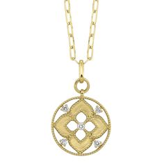 Gorgeous and glamourous, this 14K Yellow Gold Diamond Circle Quatrefoil Pendant necklace is designed to make a statement. Five sparkling round cut diamonds create a stunning 0.25 carat display that glitters and shines. At the center, a single diamond rests in a quatrefoil motif, with a milgrain gold circle adding a hint of sophistication. From day to night, it's the perfect fashion accessory to add a touch of magic to your style. This exquisite pendant comes with an 18'' chain for an elegant loo Luxury Round Pendant With Halo Design, Diamond Medallion Necklace For Wedding, Wedding Diamond Medallion Necklace, Formal Medallion Diamond Necklace, Gold Medallion Diamond Necklace With Single Cut Diamonds, Diamond White Necklaces With Rose Cut Diamonds, Diamond White Rose Cut Round Necklace, Elegant Rose Cut Diamond White Necklaces, Yellow Gold Medallion Necklace With Single Cut Diamonds