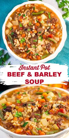 instant pot beef and barley soup in a white bowl on a blue tablecloth with text overlay