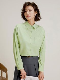 This is a feminine and romantic shirt by LANGSON that is made out of high quality polyester 100% fabric. With design detail of regular silhouette and chest patch pocket, it gives a trendy and feminine look. - Regular silhouette- Chest patch pocket with button- Feminine and modern mood Green Collared Tops With Welt Pockets, Green Lapel Collar Shirt For Work, Long Sleeve Tops With Welt Pockets, Workwear Blouse With Welt Pockets, Workwear Blouse With Collar And Pockets, Classic Blouse With Pockets And Collared Neckline, Classic Blouse With Collared Neckline And Pockets, Spring Office Shirt With Welt Pockets, Office Shirt With Welt Pockets For Spring