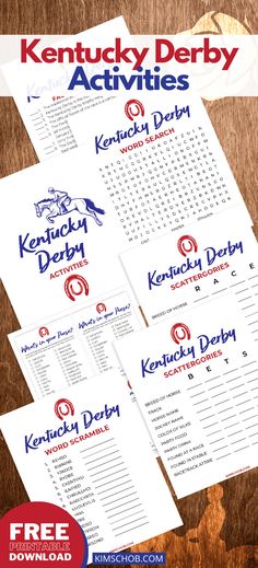 kentucky derby activities are shown on top of a wooden table with the words kentucky derby written in