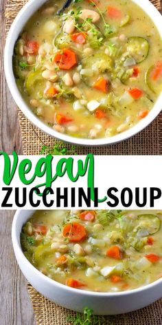 two bowls filled with vegetable zucchini soup