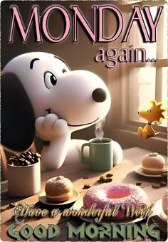 a snoopy dog sitting at a table with donuts and coffee