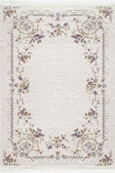 a white rug with purple flowers and vines on the border, in front of a white background