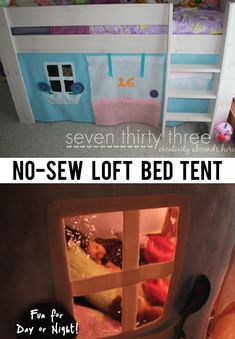 there are two pictures with the same bed in different rooms, one has a doll house and the other has a bunk bed