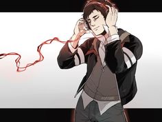 an anime character is listening to music with headphones in his ears and wearing a black jacket