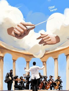 a painting of a conductor and orchestra performing in front of an artistic backdrop with clouds