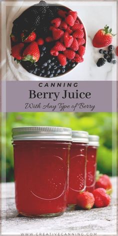 two jars filled with berries sitting on top of a table next to some strawberries