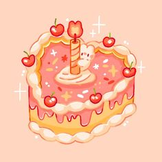 a birthday cake with cherries on it and a candle sticking out of the top