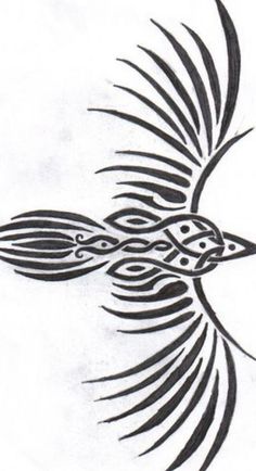 a black and white drawing of a bird with wings on it's back side