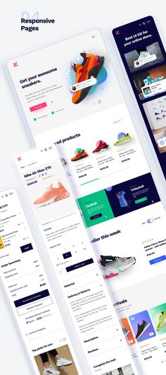 Kicks E-Commerce UI Kit Responsive E-commerce UI Kit (Web, Mobile, Tablet) Daily Ui, Webpage Design, Mobile Web, Web Template Design, Ux Ui, Ui Kit, Web Template, Ui Design