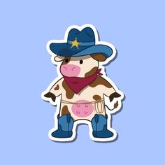 a sticker with a cow wearing a cowboy hat and scarf on it's chest