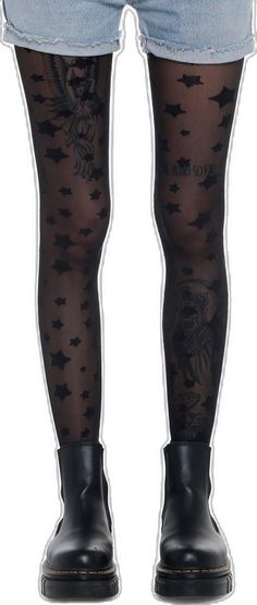 Edgy Black Winter Tights, Fitted Black Emo Tights, Trendy Black Bottoms With Star Print, Tight Black Punk Leggings, Black Tight Punk Leggings, Black Stretch Emo Leggings, Black Star Print Bottoms For Night Out, Black Punk Legwear For Winter, Black Fitted Emo Leggings