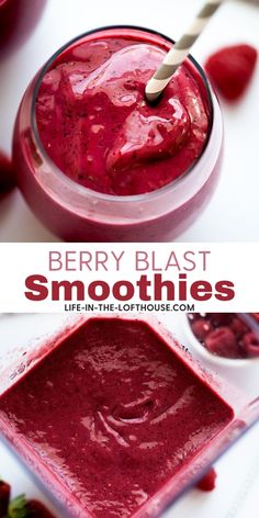 berry blast smoothie in a glass with strawberries on the side and text overlay that reads, berry blast smoothies