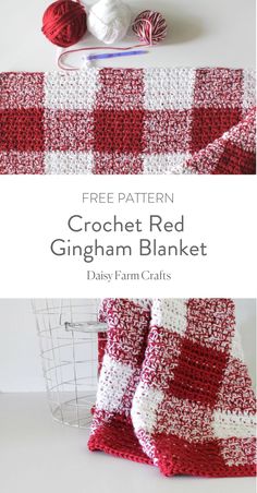 crochet red gingham blanket with balls of yarn next to it on a white surface