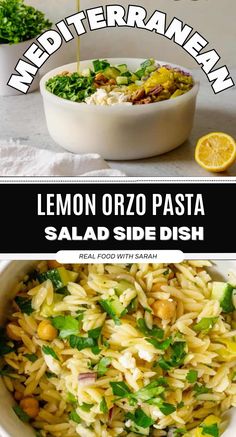 lemon orzo pasta salad with spinach and chickpeas in a white bowl