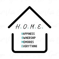 a house with the words home 3 happiness, ownership, memories and everything on it