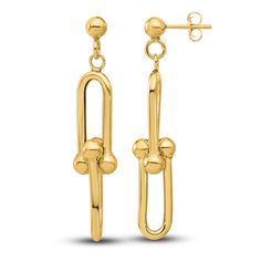 Striking high-polish paperclip links embrace one another in these chic women's dangle earring. Fashioned in 14K yellow gold, the earrings secure in place with friction backs. Modern Earrings With Polished Oval Link, Modern Oval Link Earrings With Polished Finish, Gold Paperclip Earrings For Formal Events, Modern Link Earrings With Hooks, Modern Oval Link Earrings For Formal Events, Modern Oval Link Earrings For Formal Occasions, Modern Yellow Gold Earrings With Hooks And Links, Formal Earrings With Hooks And Links, Yellow Gold Drop Earrings With Hooks And Links