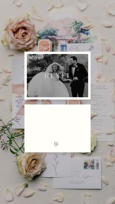 the wedding photo is surrounded by flowers and photos on top of each other, including roses