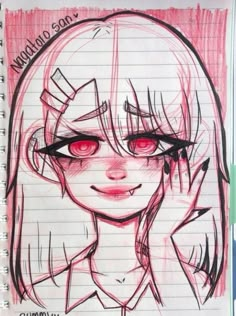 a drawing of a girl with red eyes