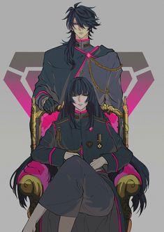 two anime characters sitting next to each other on a chair in front of a pink background