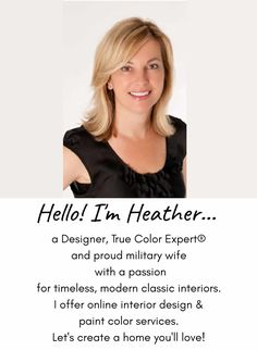 a woman with blonde hair wearing a black top and smiling at the camera, text reads hello i'm heather