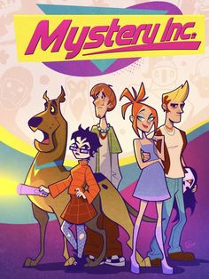 cartoon characters standing in front of a sign that says mystery inc on the back ground