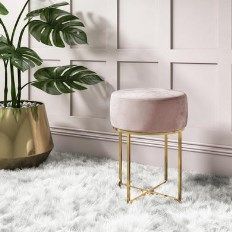 a plant in a pot next to a stool on a white rug with a gold frame