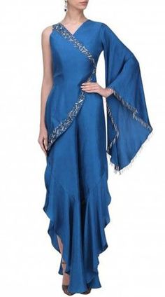 Paper Silk Hand Work Blue One Sleeve Harem Style Dress Indo Western Outfits, Best Designer Dresses, Fusion Wear, Lehnga Dress, Drape Gowns, Cowl Dress, Drape Dress, Indo Western Dress, Western Dress