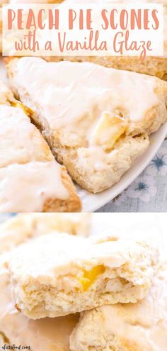 two pictures of biscuits with vanilla glaze on them and the text peach pie scones with a vanilla glaze