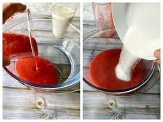 two pictures showing how to make watermelon juice