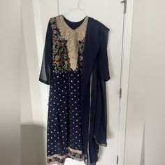 Comes With Dupatta Only Full Maxi Length 56 Size Large Chest 22 Brand New No Flaws No Rips Or Stains Fully Detailed And Medium Work With Sequins And Embroidery All Over Trim Is Heavy Work Original Custom Work Pakistani Maxi, Heavy Work, Anarkali Dress, Anarkali, Blue Gold, Colorful Dresses, Maxi Dress, Trim, Embroidery