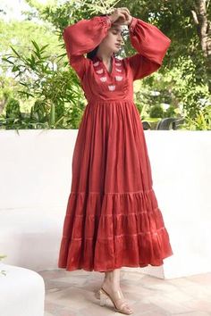 Shop for Taro Modal Silk V Neck Tiered Dress for Women Online at Aza Fashions Lotus Motifs, Red Lotus, Dress Occasion, Cuff Detail, Band Collar, Full Sleeves, Embroidered Silk, Tiered Dress, Dress For Women