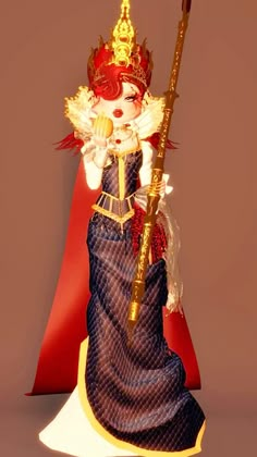 a figurine is holding a large stick and wearing a blue dress with gold trim