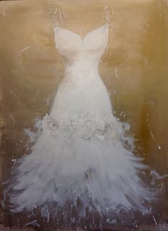 a painting of a white dress with feathers on the bottom, and an orange background