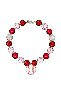 Red & White Baseball Necklace - Sparkle in Pink Sporty White Jewelry For Game Day, Adjustable Red Personalized Necklace, Sporty Red Jewelry For Game Day, Baseball Necklace, Sparkle In Pink, Bracelet Keychains, Shell Beads, White Beads, The Girl Who