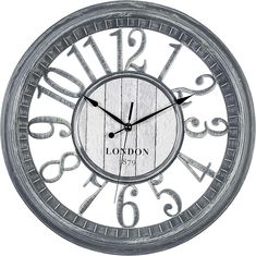 a clock with the word london written on it's face and numbers in silver