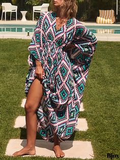 Bjux - Womens Geometric Print V Neck Kaftan with Plaid Details: Batwing Sleeves, Loose Fit, Tribal Inspired Beach Cover Up Dress – Ideal for Swimwear & Resort Clothing Multicolor Boho Print Beach Dress For Vacation, Patterned Beach Dresses For Beach Season, Multicolor V-neck Cover-up For Pool, Multicolor V-neck Swimwear For Festival, Patterned Maxi Beach Dress, Patterned Beachwear Maxi Dress For Beach, Patterned Maxi Dress For Beach, Patterned V-neck Kaftan For The Beach, Beachwear Maxi Dress For Pool Vacation