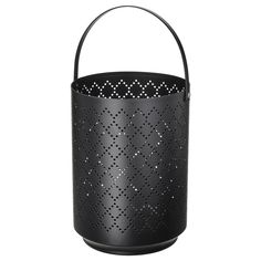 a black metal bucket with perfored holes on the side and handle, sitting against a white background