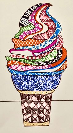 a drawing of an ice cream cone with colorful swirls on it's top