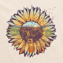 a sunflower with an image of a mountain in the background on a white t - shirt